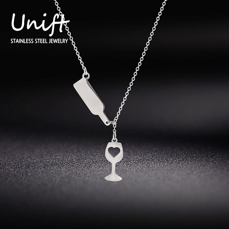 Unift Unique Novel Wine Bottle Wine Glass Pendant Necklace Stainless Steel Heart Long Chain Choker Necklaces For Women Jewelry
