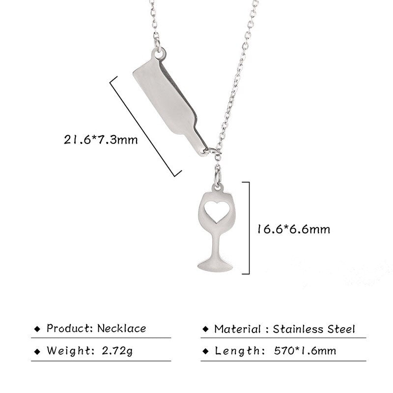 Unift Unique Novel Wine Bottle Wine Glass Pendant Necklace Stainless Steel Heart Long Chain Choker Necklaces For Women Jewelry