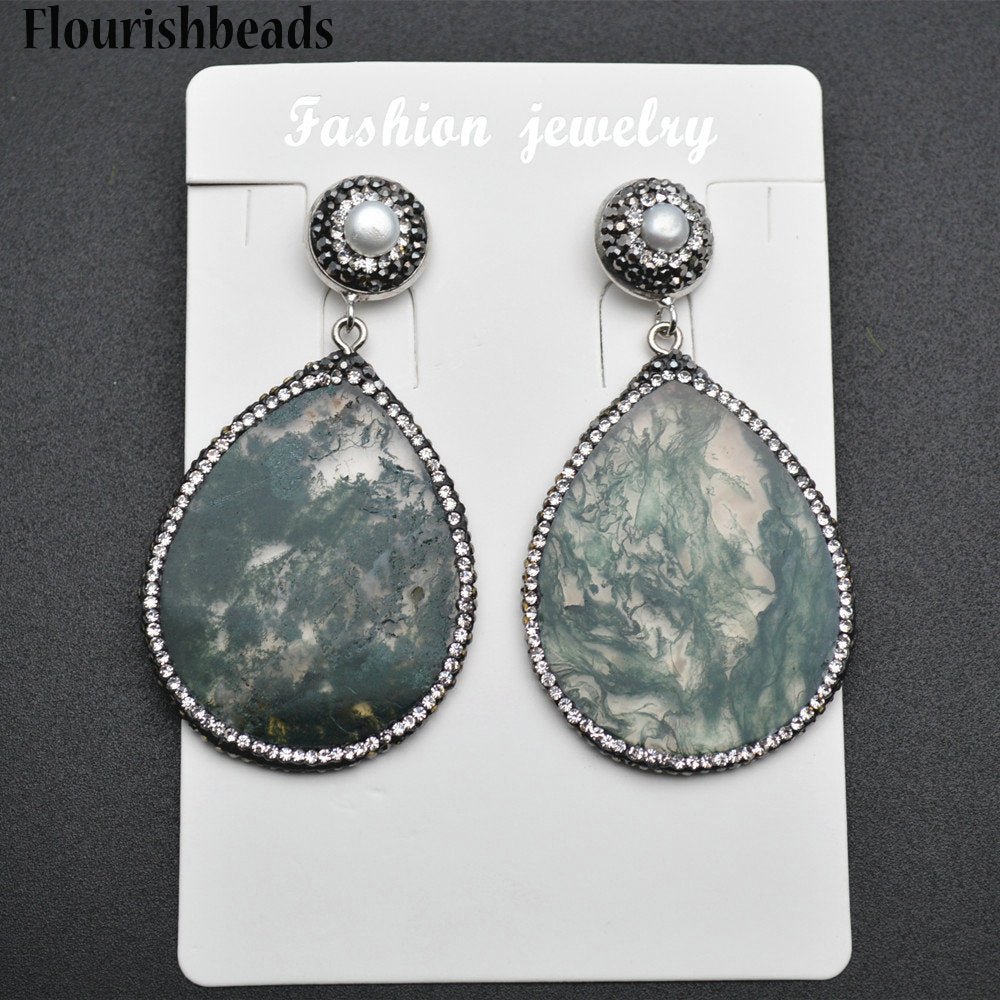 Unique Antique Chinese Wash Painting Natural Moss Agate Thin Slab Pear Shape Double Layers Dangle Earrings Fashion Jewelry Gift