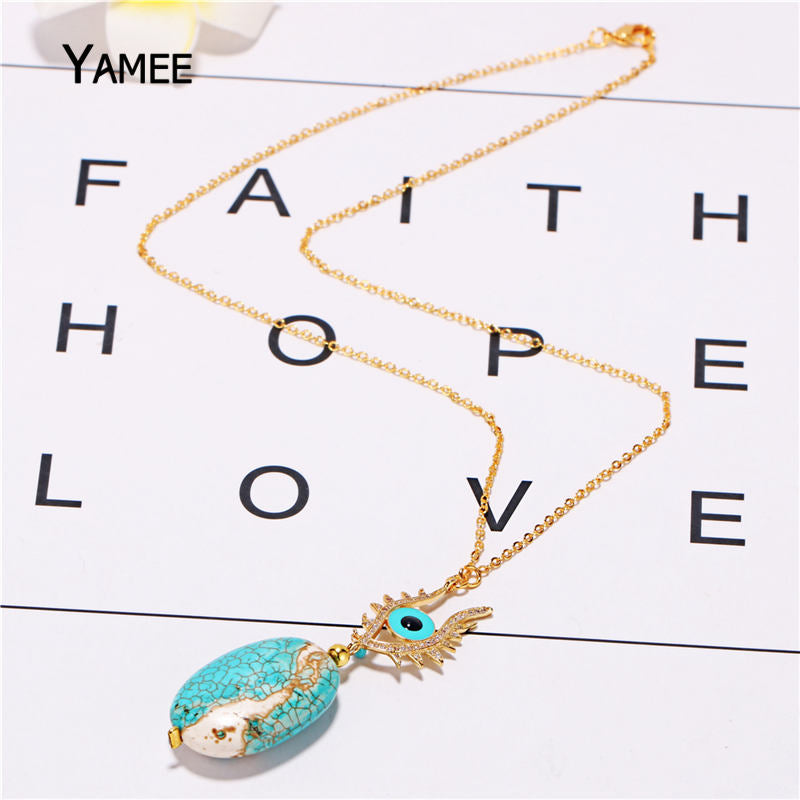 Unique Blue Natural Stone Turquoises Pendants Pave Zircon Golden Plated Fashion Chain Necklace For Women Charm Jewelry
