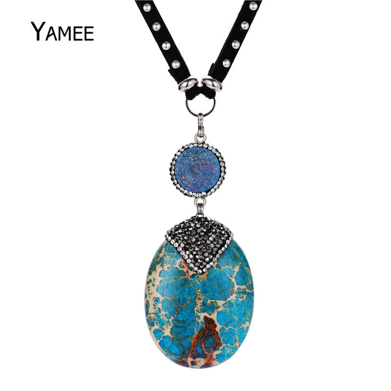 Unique Blue Oval Imperial Jaspers Natural Pendant Pave Zircon Sea Sediment Stone Turquoises Sweater Clothing Long Necklace