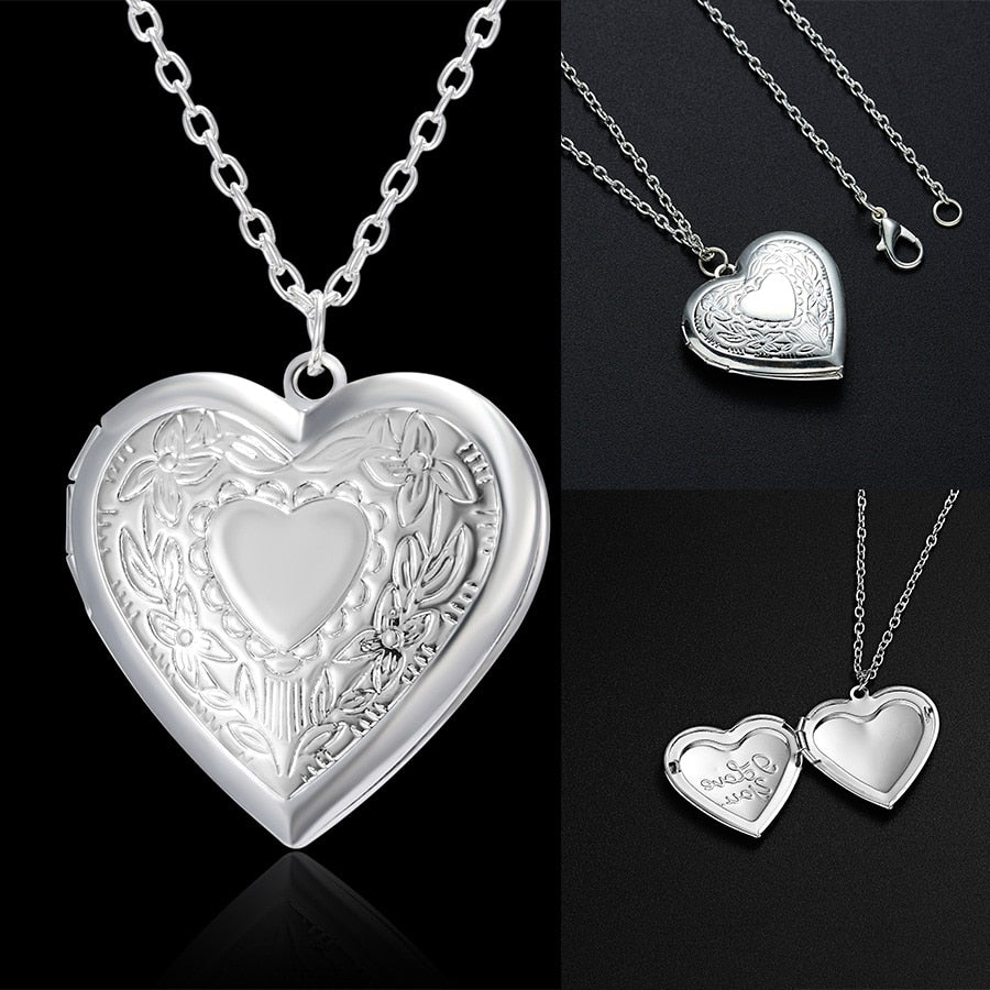 Unique Carved Design Heart-shaped Po Frame Pendant Necklace Charm Openable Locket Necklaces Women Men Memorial Jewelry