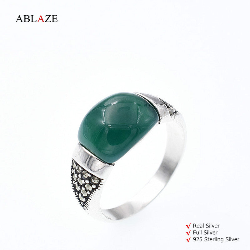 Unique Green Agate Rings, Simple 925 Sterling Silver Rings, Retro Women Stones Ring RJ037