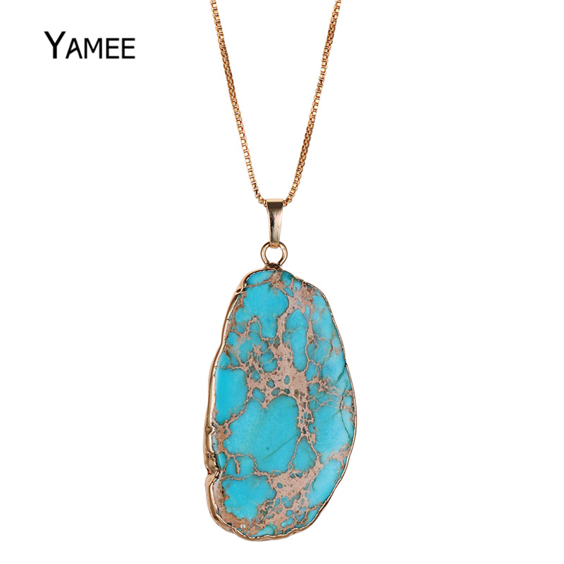 Unique Irregular Sea Sediment Stone Turquoises Pendant Imperial Jaspers Gold Color Plated Necklace Charm Jewelry For Women Men
