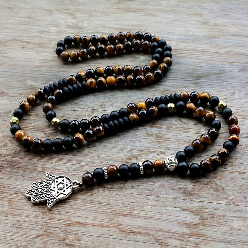 Unique Man's necklace with 8mm Natural stone beads and Hamsa Pendant Necklace