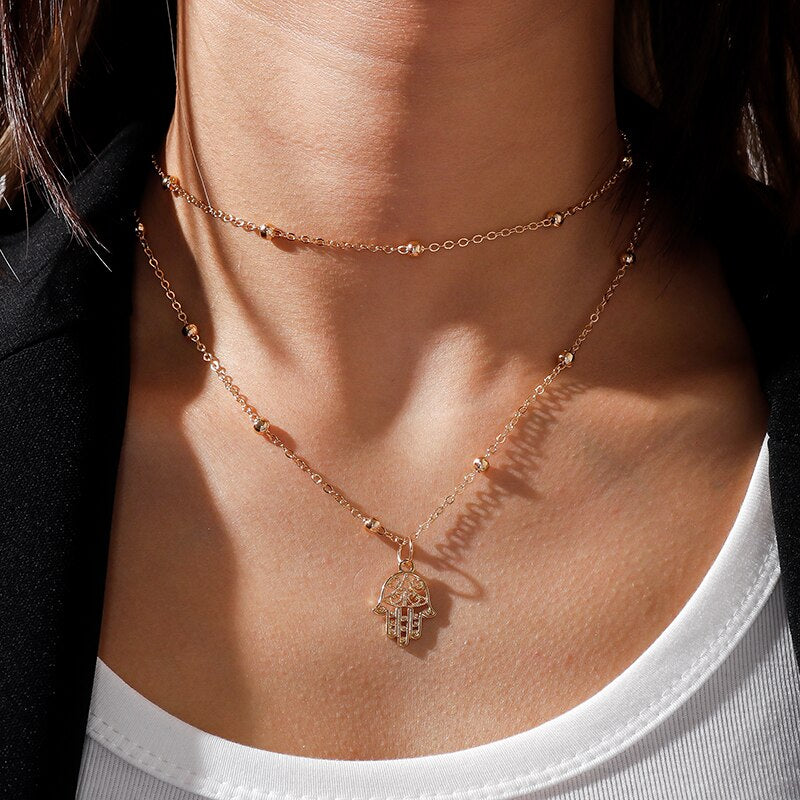Unique Multilayered Beads Chain Necklace for Women Gold Silver Color Fatima Hamsa Hand Pendants Necklaces Jewelry Gifts