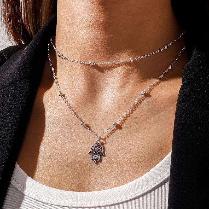 Unique Multilayered Beads Chain Necklace for Women Gold Silver Color Fatima Hamsa Hand Pendants Necklaces Jewelry Gifts