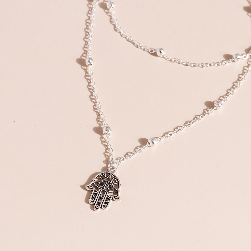Unique Multilayered Beads Chain Necklace for Women Gold Silver Color Fatima Hamsa Hand Pendants Necklaces Jewelry Gifts