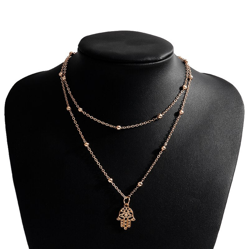 Unique Multilayered Beads Chain Necklace for Women Gold Silver Color Fatima Hamsa Hand Pendants Necklaces Jewelry Gifts