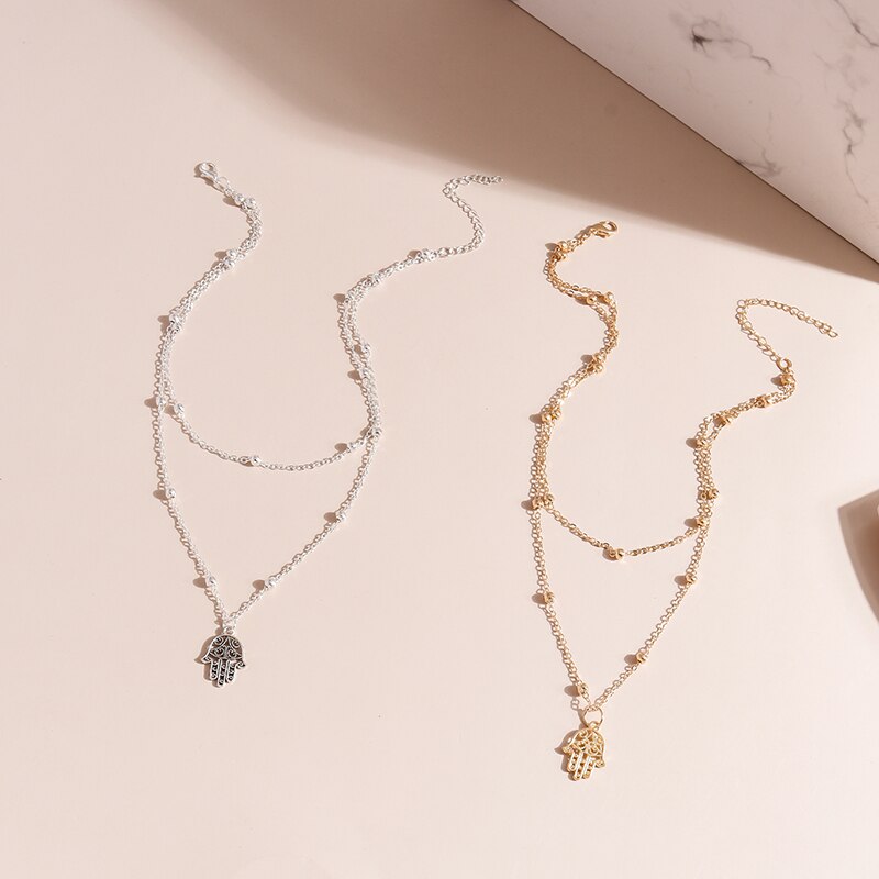 Unique Multilayered Beads Chain Necklace for Women Gold Silver Color Fatima Hamsa Hand Pendants Necklaces Jewelry Gifts