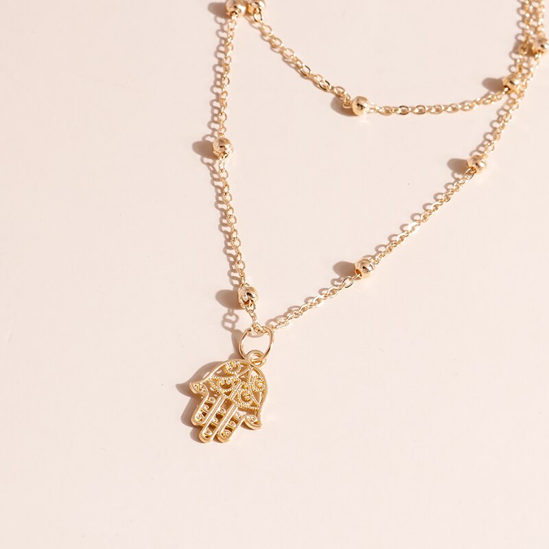 Unique Multilayered Beads Chain Necklace for Women Gold Silver Color Fatima Hamsa Hand Pendants Necklaces Jewelry Gifts