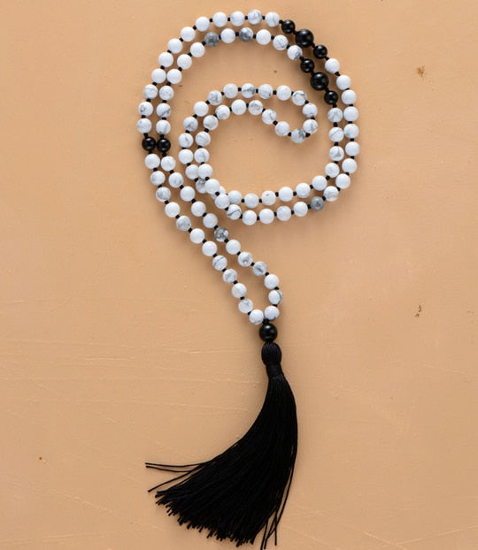 Unique Natural Howlite Black Onyx Long Tassel Necklace 108 Beads Mala Tassels Necklace Women Yoga Necklace Dropshipping