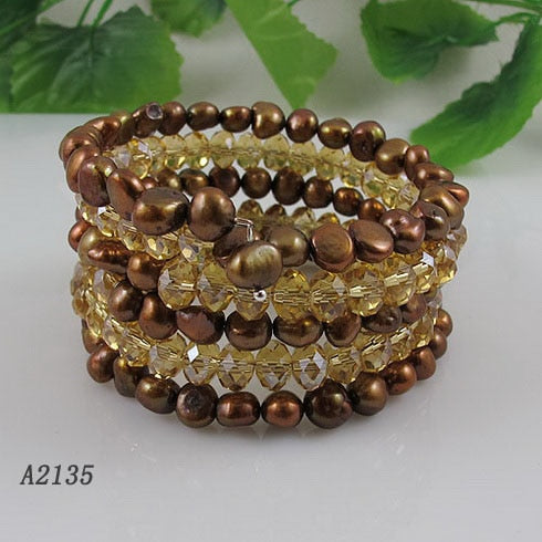 Unique Pearls jewellery Store,5Rows Gold Crystal Beads Natural Brown Pearl Bracelet,Fashion Woman Party Jewellery