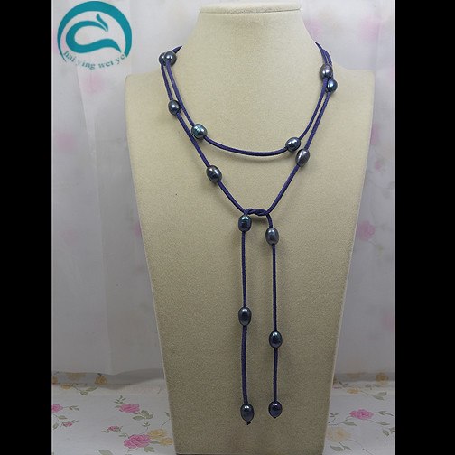 Unique Pearls jewellery Store Classic Dark Blue Leather Black Color Pearl Necklace 120cm Long Pearl Leather Necklace