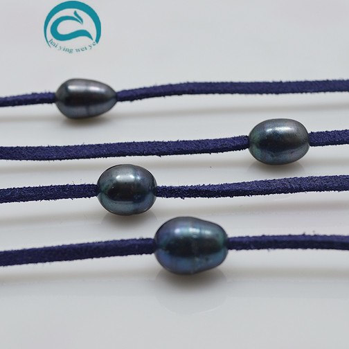 Unique Pearls jewellery Store Classic Dark Blue Leather Black Color Pearl Necklace 120cm Long Pearl Leather Necklace