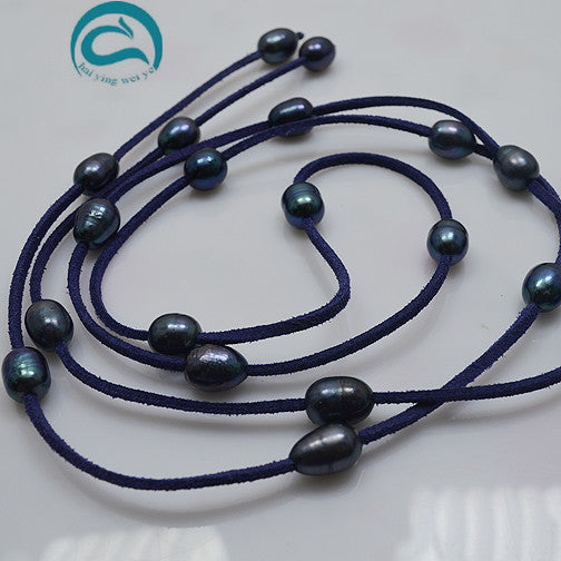 Unique Pearls jewellery Store Classic Dark Blue Leather Black Color Pearl Necklace 120cm Long Pearl Leather Necklace