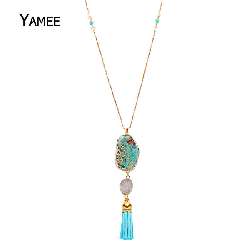 Unique Random Sea Sediment Stone Turquoises Pendant Imperial Jaspers Natural Tassel Gold Long Chain Necklace Women Gift