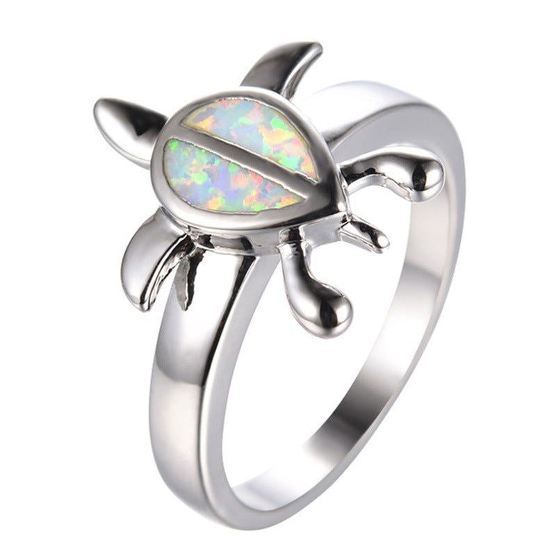 Unique Silver Filled Blue Opal Sea Turtle Finger Ring For Women Girl Crystal Wedding Band Fashion Cute Animal Party Jewelry Gift