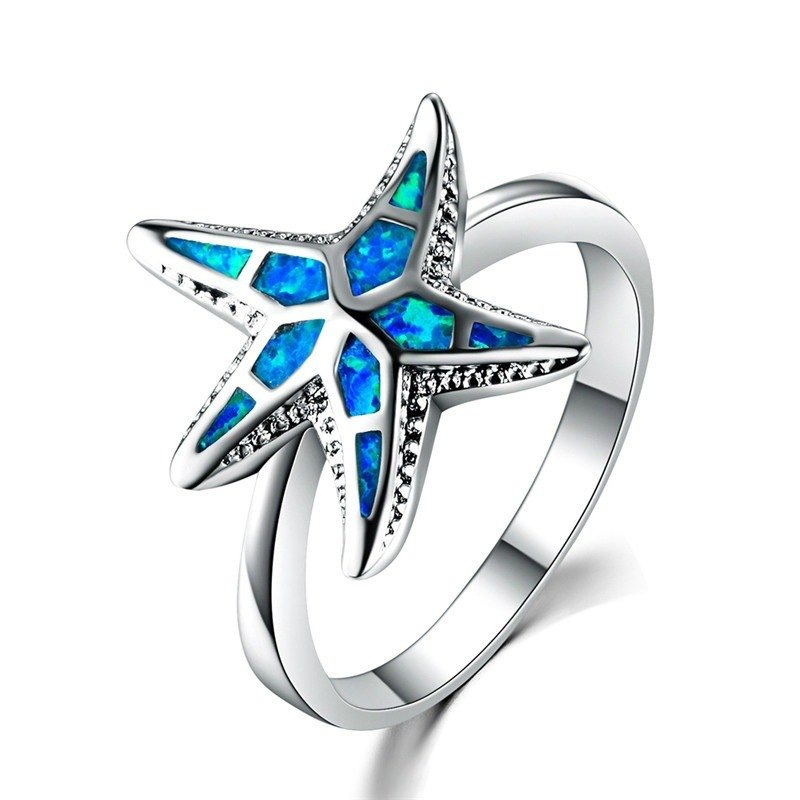 Unique Silver Filled Blue Opal Seastar Finger Ring For Women Girl Crystal Wedding Band Fashion Cute Animal Party Jewelry Gift