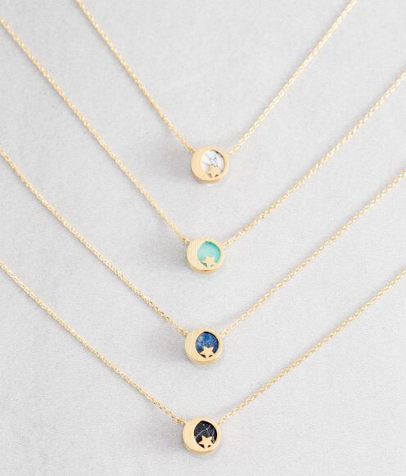 Unique Stainless Steel Brushed Double Sided Howlite Stone Necklace Jewelry Moon and Star Necklace