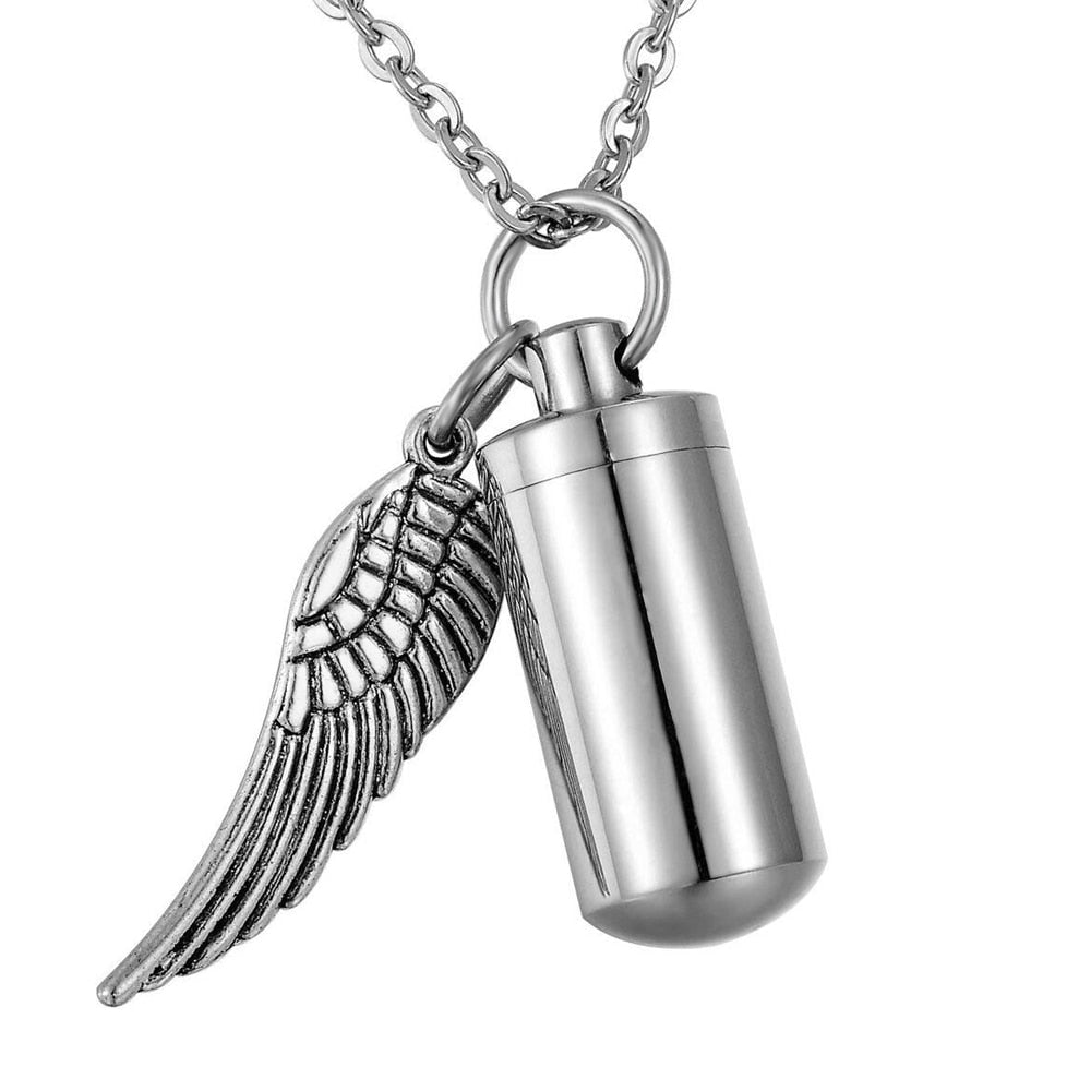 Unisex Stainless Steel Jewelry Holder Cylinder Ashes Urn Pendant Angel Wing Charm Cremation Memorial Necklace Jewelry