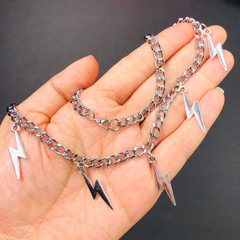 Unisex Lightning Bolts Silver Color Curb Cuban Chain Choker Necklace Chunky Goth Punk Rock Hip-hop Street Jewelry