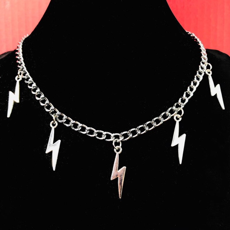 Unisex Lightning Bolts Silver Color Curb Cuban Chain Choker Necklace Chunky Goth Punk Rock Hip-hop Street Jewelry