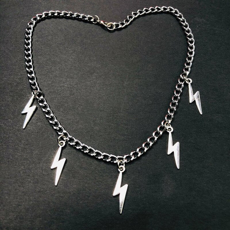 Unisex Lightning Bolts Silver Color Curb Cuban Chain Choker Necklace Chunky Goth Punk Rock Hip-hop Street Jewelry