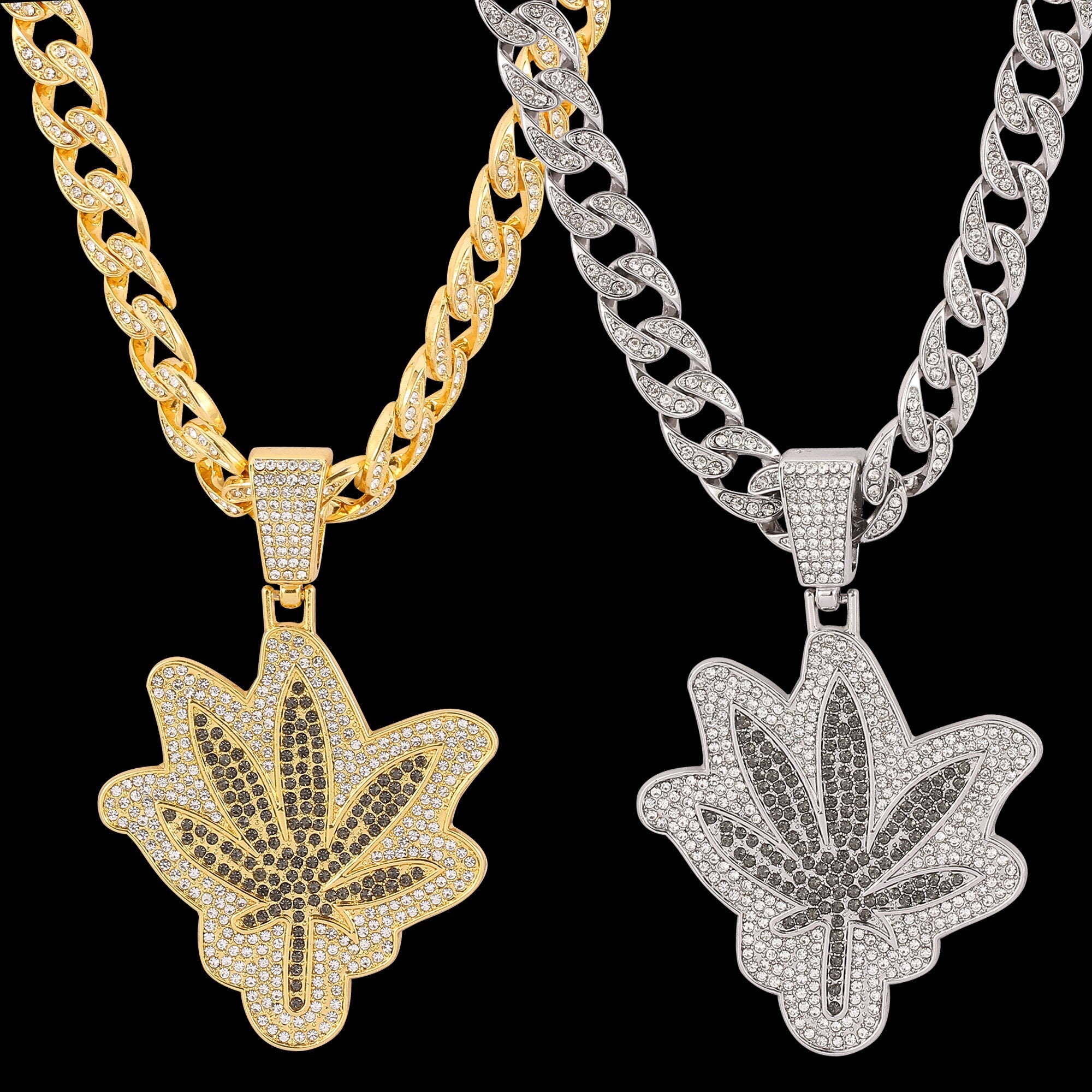 Unisex Maple Leaf Necklace Metal Rhinestone Hemp Leaf Pendant Hip Hop Punk Style Street Jewelry For Boyfriend