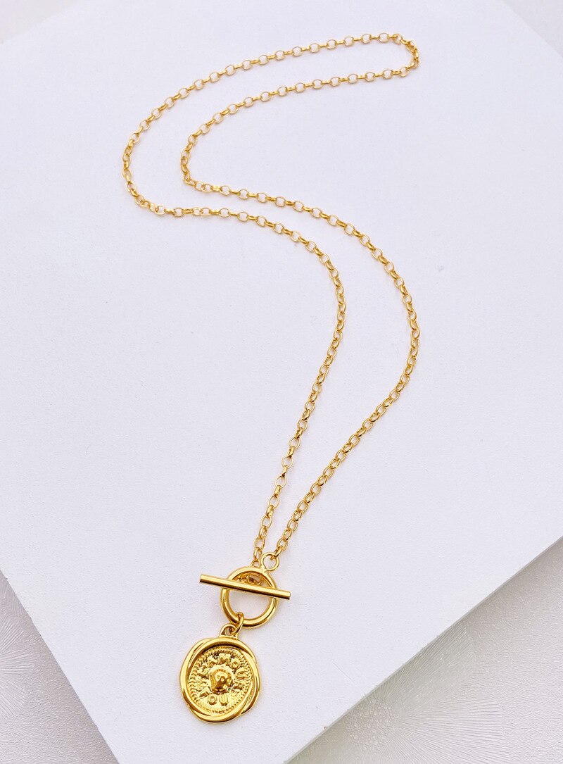 Unisex Punk style metal coin chain necklace gold plated brass shiny choker