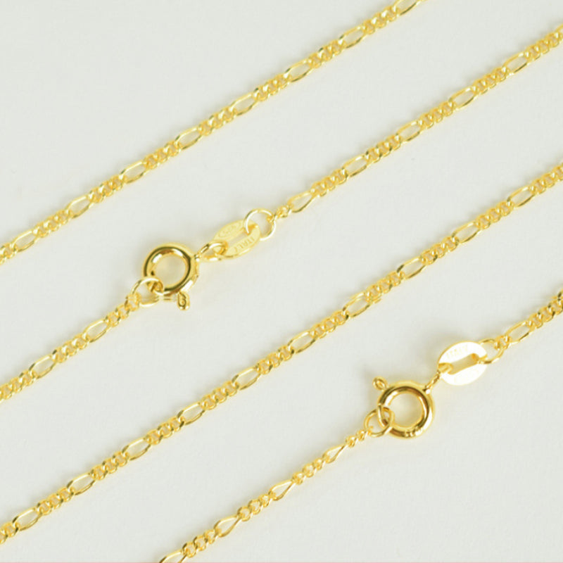 Unisex Pure 925 Sterling Silver & Gold Color 1.5mm Wide 40cm/45cm Long Flat Figaro Chain Necklace for Women Men Kids Girls Boys