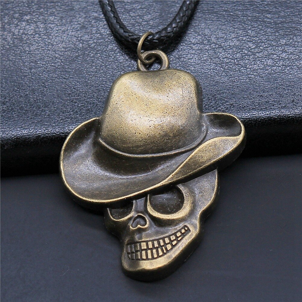 Unisex Retro Vintage Antique Bronze Color 44x35mm Hat Skull Pendant Faux Black Leather Rope Chain Necklace