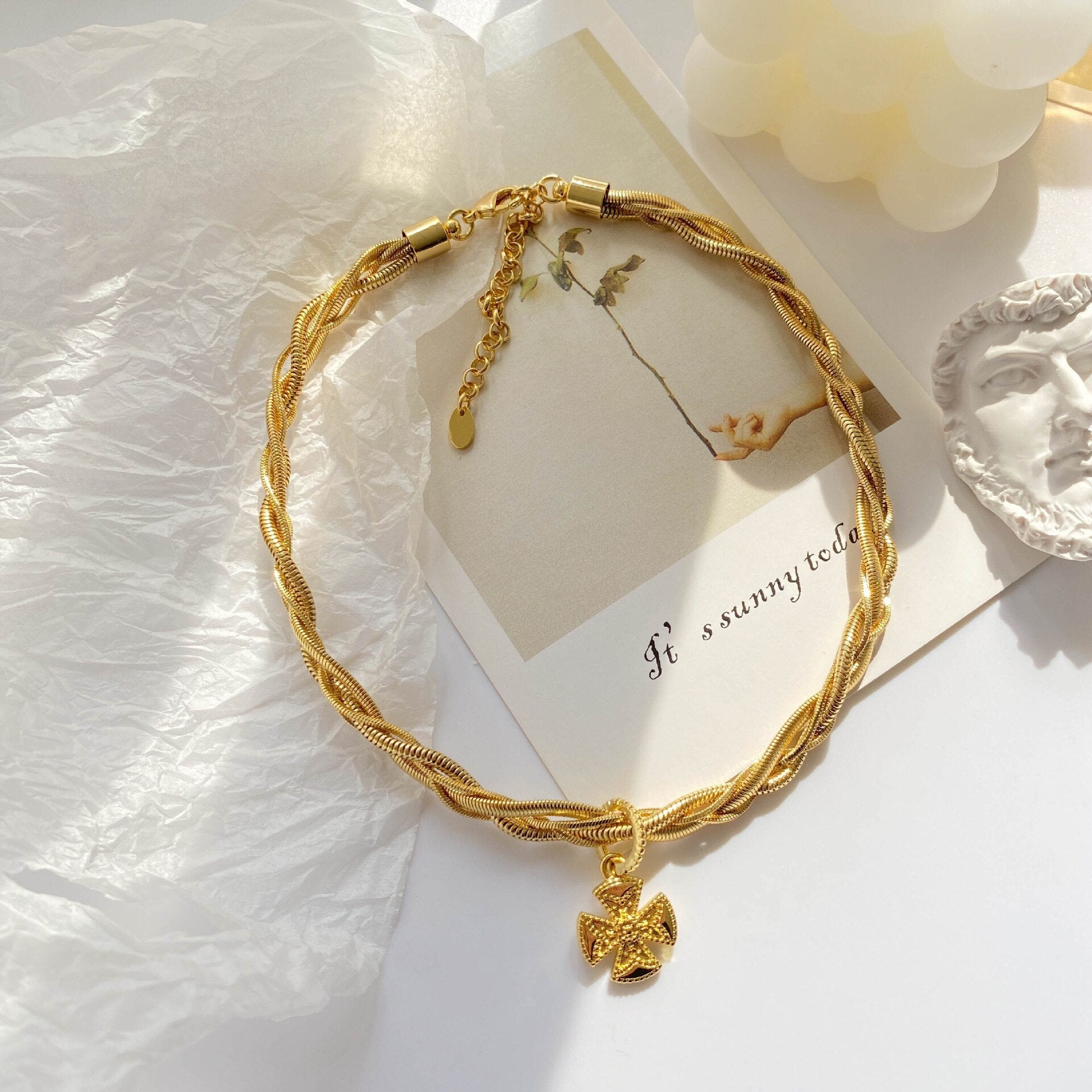 Unisex triple woven chain necklace with cross pendant real gold plated choker jewelry for women