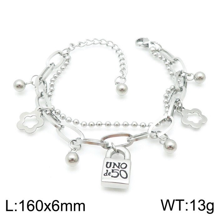 Uno 50 Charm Bracelet Stainless Steel Roud Ball Beads Chain Flower Lock Heart Pendant Bracelet Jewelry for Women