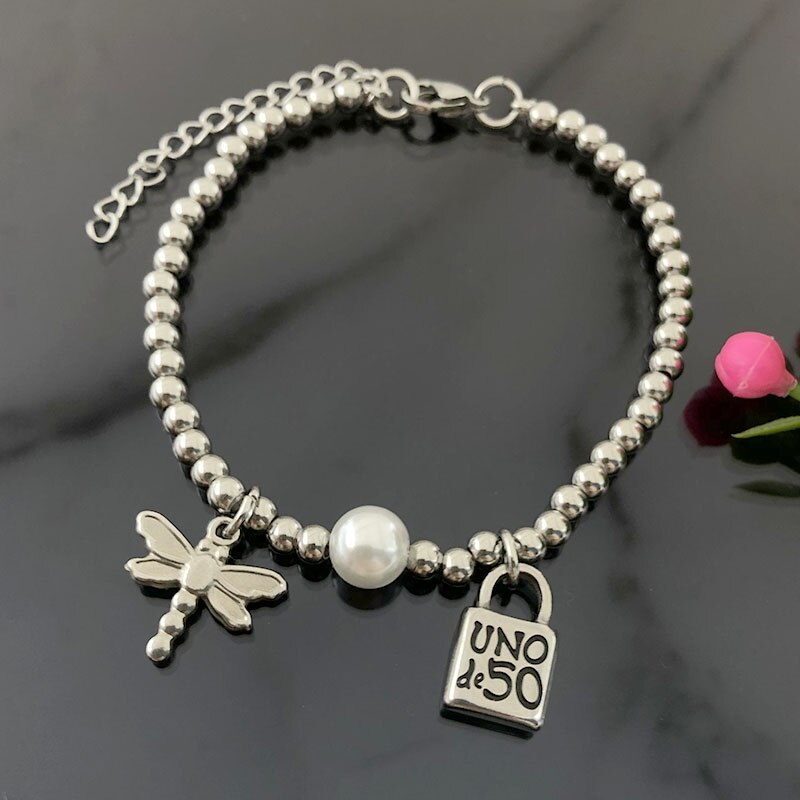Uno 50 Charm Bracelet Stainless Steel Roud Ball Beads Chain Flower Lock Heart Pendant Bracelet Jewelry for Women