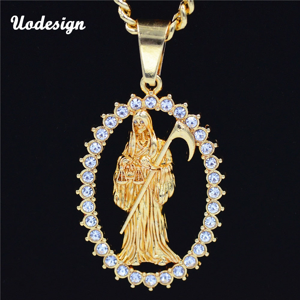 Uodesign Top Quality Gold Color  Holy Saint Death Santa Muerte  Men's Biker  Hiphop Pendant Necklace