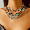 Upscale Luxurious Woman Cuba Necklace Multichamber Chokers Necklaces Green Hyperbole Letter Rhinestone Bama Party Gift