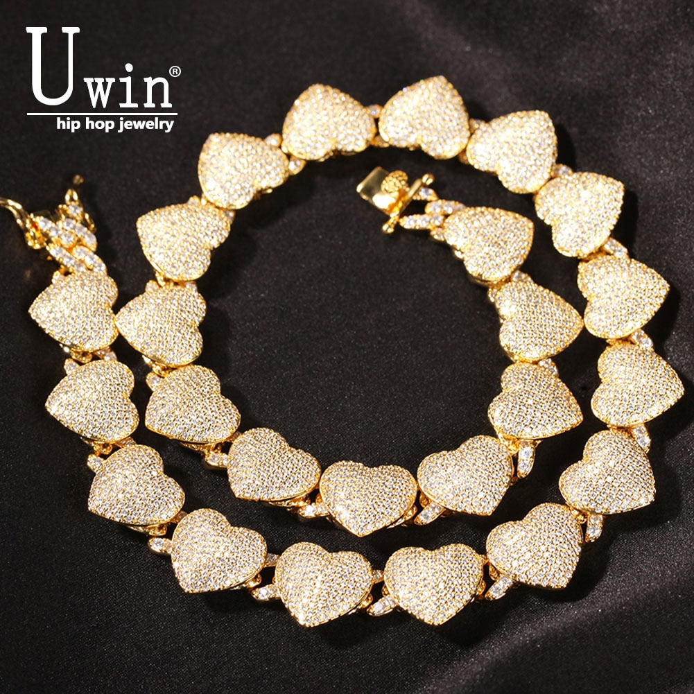 Uwin Heart Choker With 9mm Cuban Chain Micro Paved Iced Out Cubic Zirconia  Bling Bling Charm Vintage Short Necklace