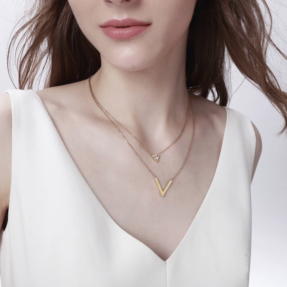 V Shape Layered Choker for Women Gold Tone Stainless Steel CZ Stone Temperament Double Layer Female Necklace