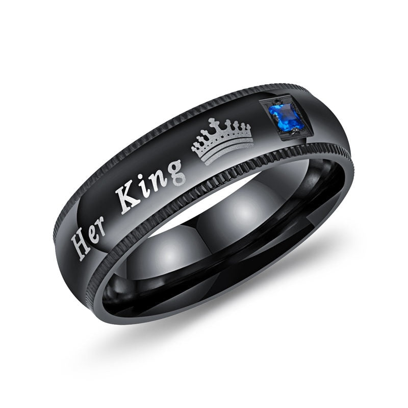 Promise Couple Rings Trendy Her King & His Queen Custom Crytal Stone Crown Charm Stainless Steel Wedding Ring for Women Men