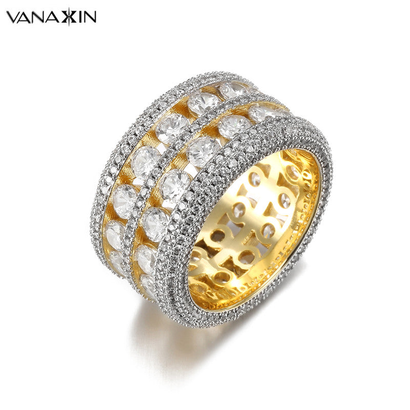 Bling Bling CZ Crystal Wide Ring Unisex Punk Hop Rings Women & Men Zirconi Gold Silver Color Trendy Party Jewelry