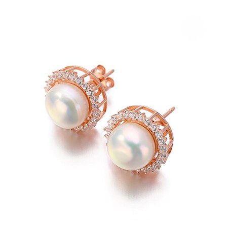Rose Gold Fresh Water Pearl Stud Earrings Charms Jewelry For Women Girl Clear Cubic Zirconia Brincos Date Christams Gift