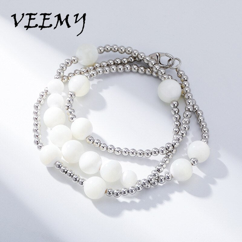 VEEMY 8mm Round Large Pearl Stainless Steel Necklace For Women  Chain Silver Color Choker Hip Hop Jewelry Gift