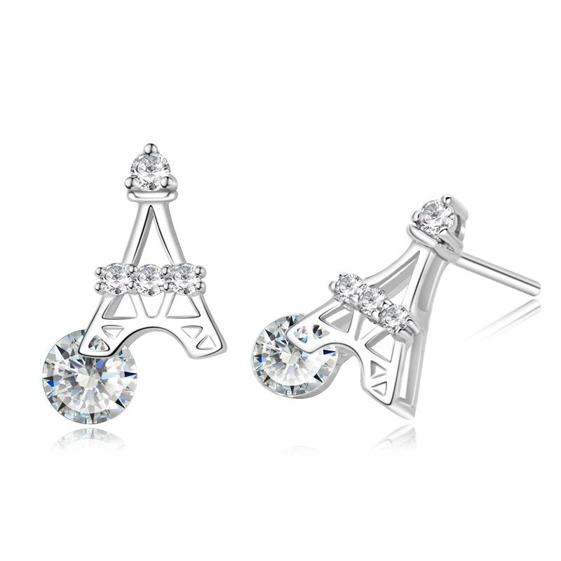 925 Sterling Silver AAA Cubic Zirconia 3D Mini Eiffel Tower Stud Earrings For Women Engagement Earrings Fashion Jewelry
