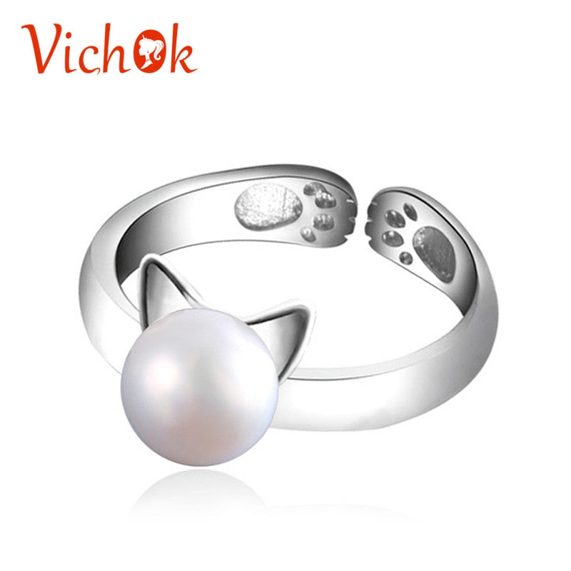 925 Sterling Silver Rings for Women Girls Pearl Cat Ear Ring Cute Animal Adjustable Ring Femme Bijoux Jewelry Birthday