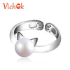 925 Sterling Silver Rings for Women Girls Pearl Cat Ear Ring Cute Animal Adjustable Ring Femme Bijoux Jewelry Birthday