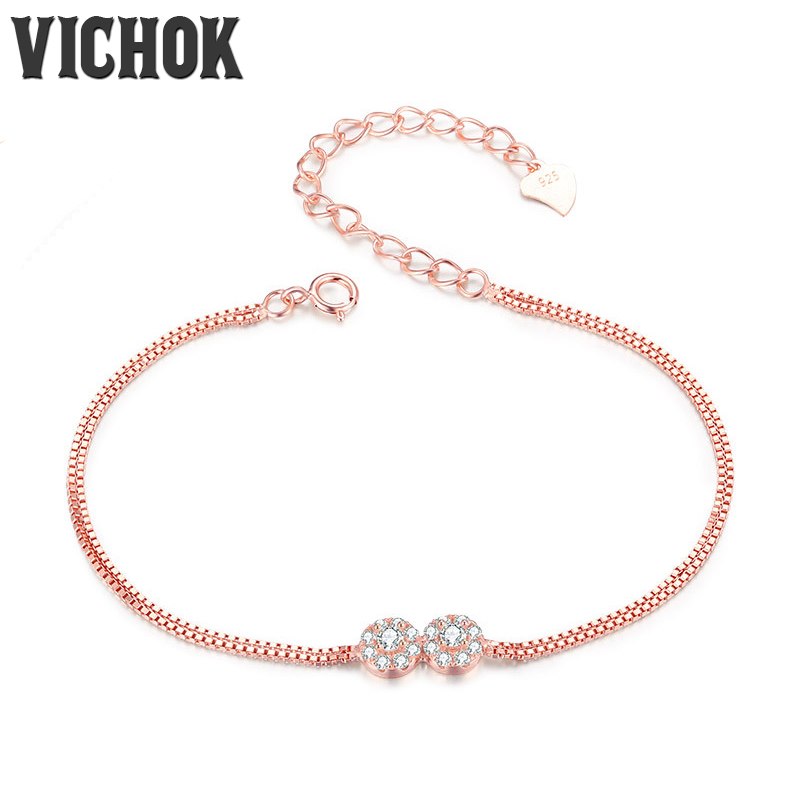 Genuine 925 Sterling Silver Bracelet Double Flower Rose Gold Color Bracelets For Women Luxury Fine Jewelry pulseira