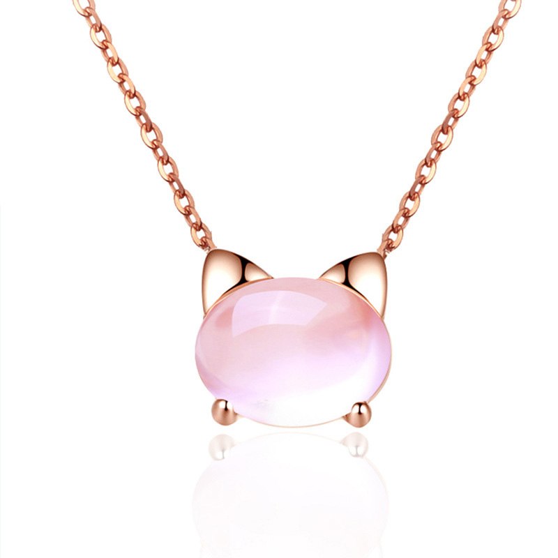 Pink Luck Furong Stone Pendants Necklaces Cute Cat Head 925 Sterling Silver Necklace Jewelry For Women Girl
