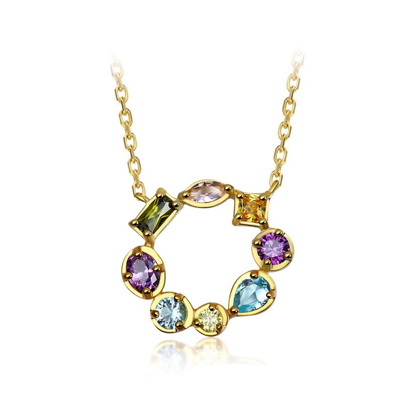 Rainbow Multicolor Stone Pendant Necklace 925 Sterling Silver Luxury Gold Color Chain Necklaces For Women Mujer
