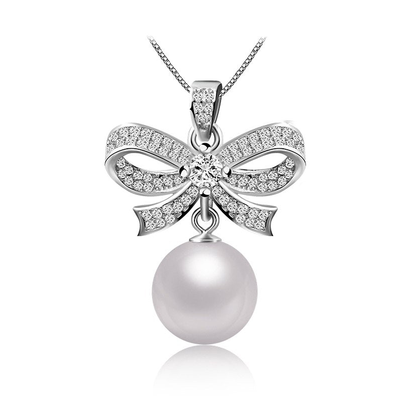Romantic Bowknot Necklace Natural Pearl Ball Necklaces Pendants For Women Silver Jewellry colgantes plata 925